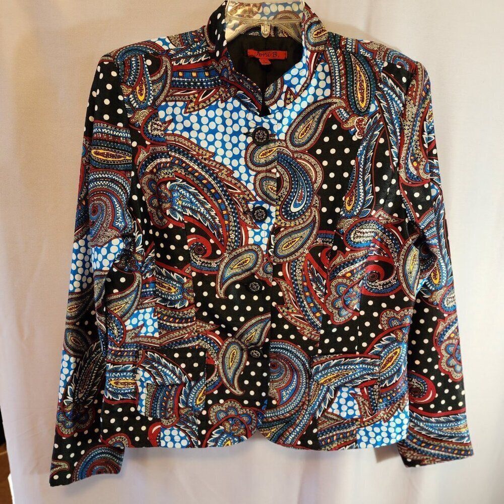 JONI B MULTICOLORED LINED JACKET, SIZE SMALL WITH FRONT POCKETS, FUN AND FLARE